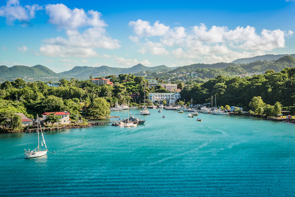 Panorama landscape with sea and mountains at the harbor of Castries in Saint Lucia